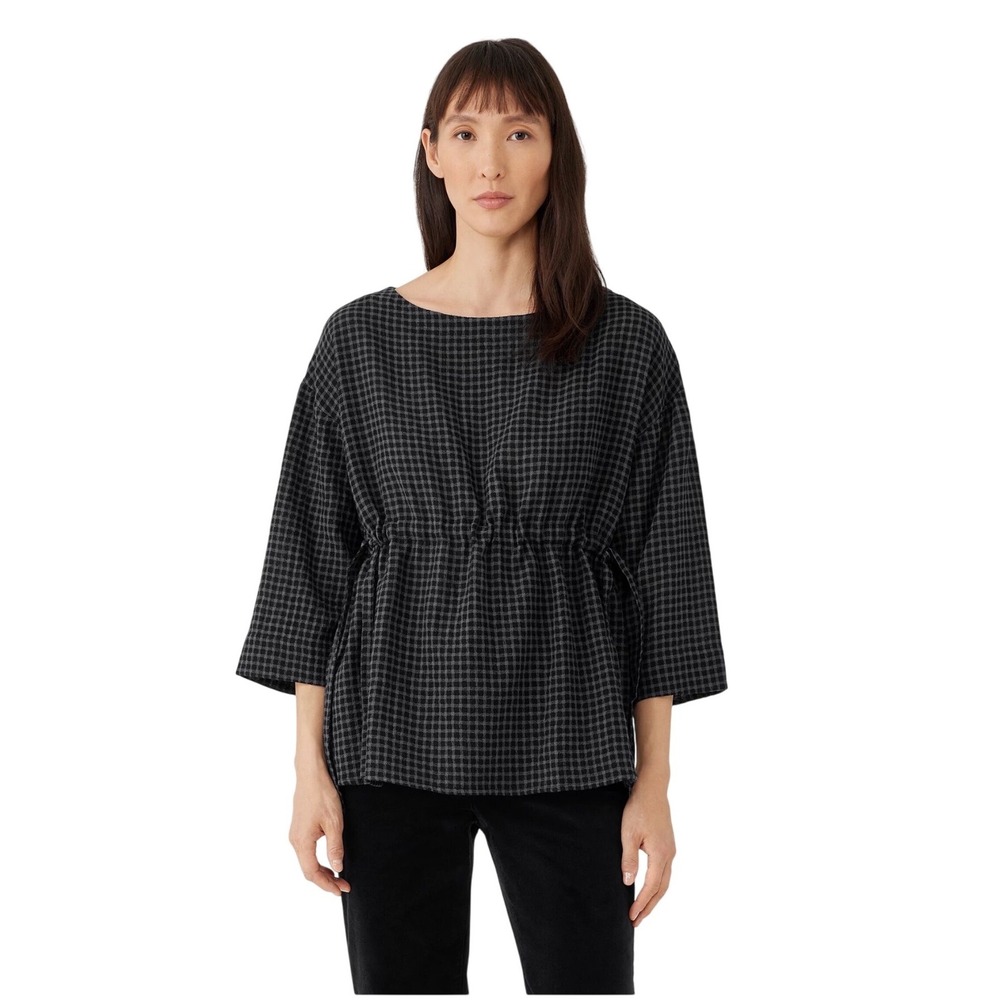 Eileen Fisher Wool Cotton Check Bateau Neck Drawstring Top XS Boxy Coastal